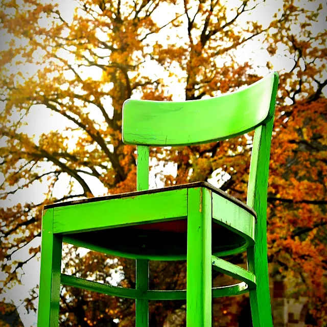 Grüner Holzstuhl vor herbstlich gefärbten Bäumen