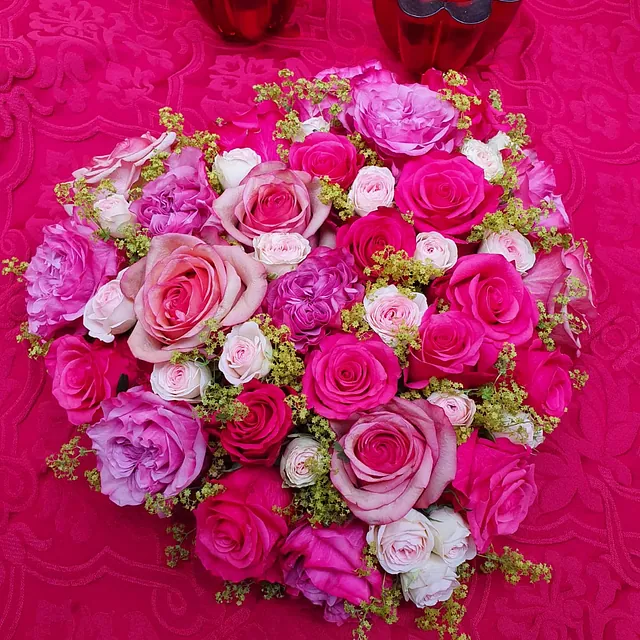 Bunter Blumenstrauß mit verschiedenen Rosenarten und kleinen gelben Blüten auf rotem Stoff
